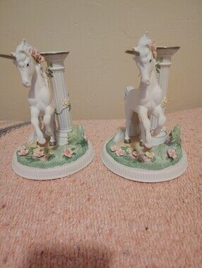 Princeton Gallery Garden of the Unicorn Porcelain Candlesticks Pair VTG 1990 COA